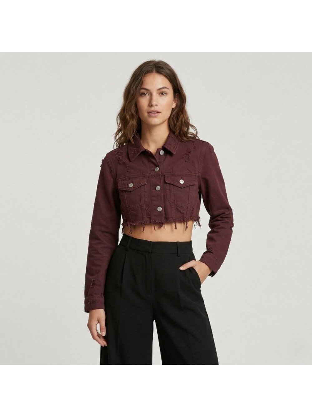 H&M Divided Women's Distressed Cropped Denim Jacket in Brown Color size XS NWT